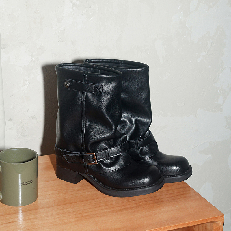 Unique Hot Girl Biker Boots Spring Autumn New Retro British Style 4.5 CM Block Heel Slip On Genuine Leather Buckle Ankle Boots 60114