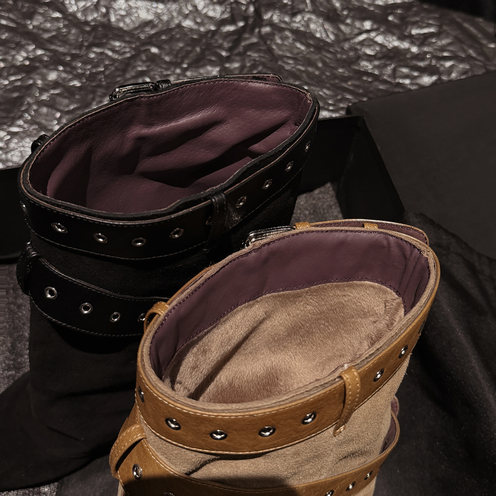 Pointed Toe Knight Boots Women Warm Winter Short Plush Suede Leather Slip On Wrap Belt Buckle 3 CM Heel Spring Autumn Trouser-Style Mid-Calf Boots 60114