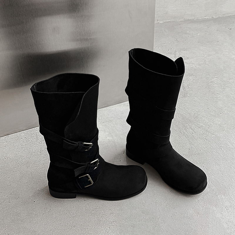 Autumn Western Cowboy Women Suede Leather Knight Boots 3 CM Block Heel Winter Short Plush Buckle Slip-On Casual Korean Plus Size 42 Mid-Calf Boots 60115