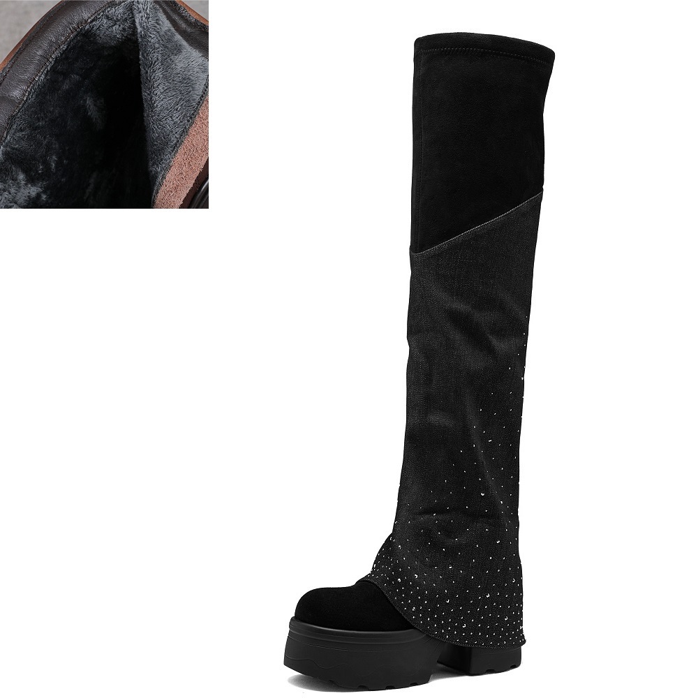Women's Autumn 12 CM Block Heel Fashion Crystals Suede Slip On Round Toe Platform Slimming Winter Short Plush Warm Elevator New Knee-High Pants Boots 60115