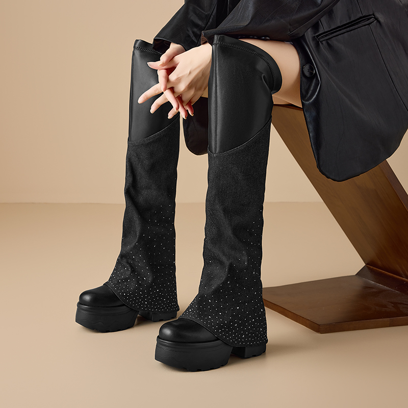 12 CM Block Heel Autumn Winter New Genuine Leather Denim Patchwork Round Toe Platform Short Plush Crystals Fashion Knee-High Boots 60115