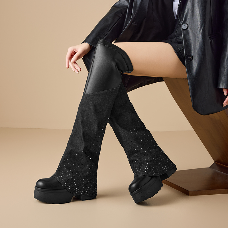 12 CM Block Heel Autumn Winter New Genuine Leather Denim Patchwork Round Toe Platform Short Plush Crystals Fashion Knee-High Boots 60115