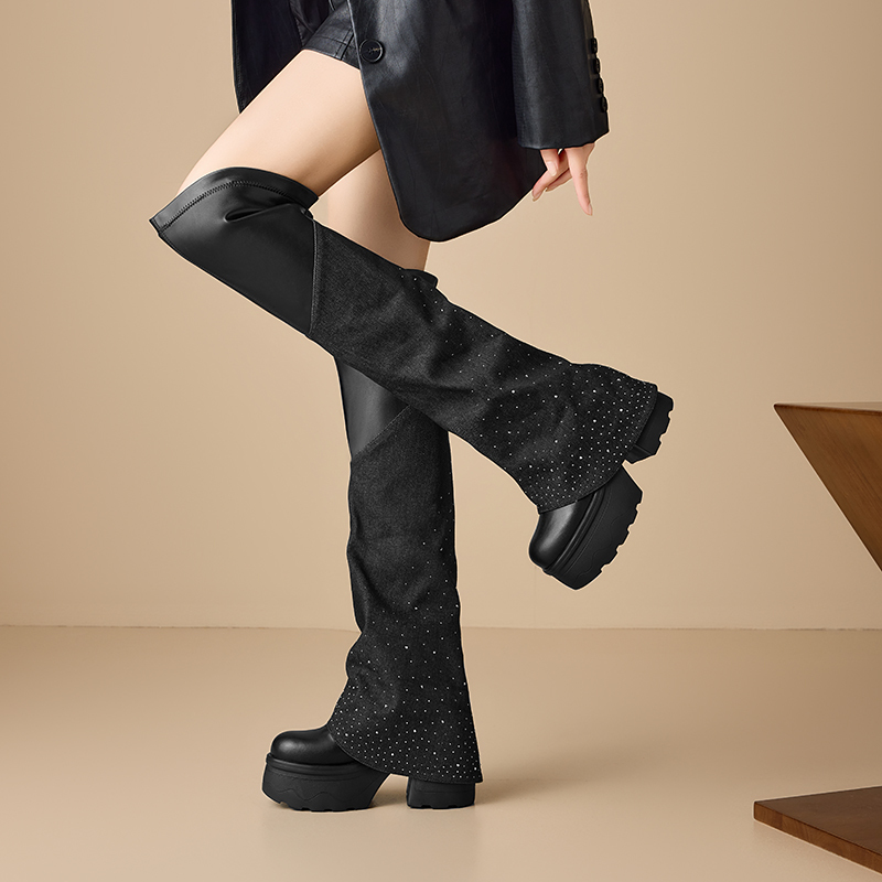 12 CM Block Heel Autumn Winter New Genuine Leather Denim Patchwork Round Toe Platform Short Plush Crystals Fashion Knee-High Boots 60115