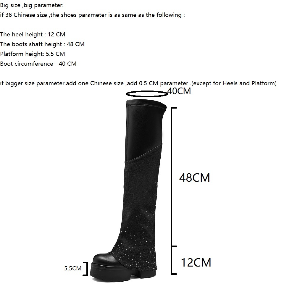 12 CM Block Heel Autumn Winter New Genuine Leather Denim Patchwork Round Toe Platform Short Plush Crystals Fashion Knee-High Boots 60115