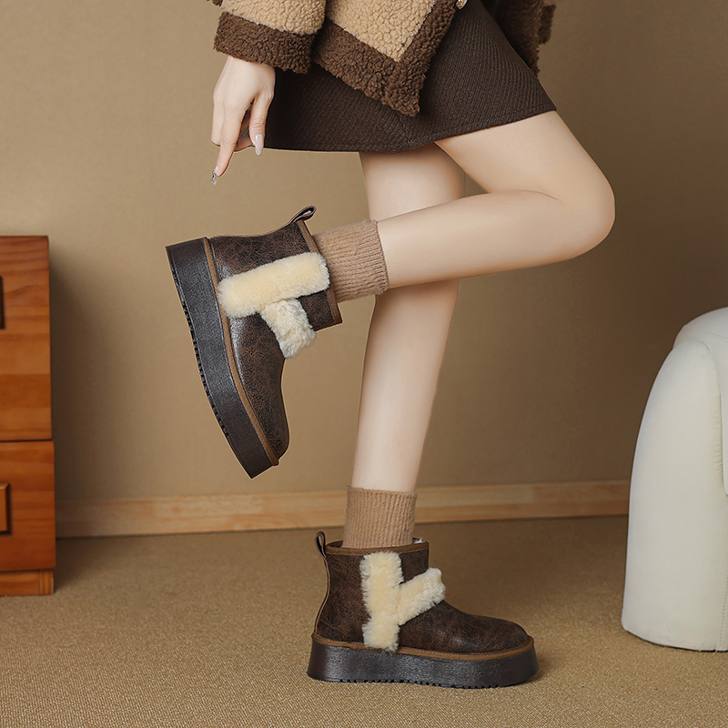 Winter Women's Genuine Leather 4.5 CM Thick Sole Plush Paneled Concise Platform Casual Slip On Round Toe Warm Non-Slip Ankle Boots 60115