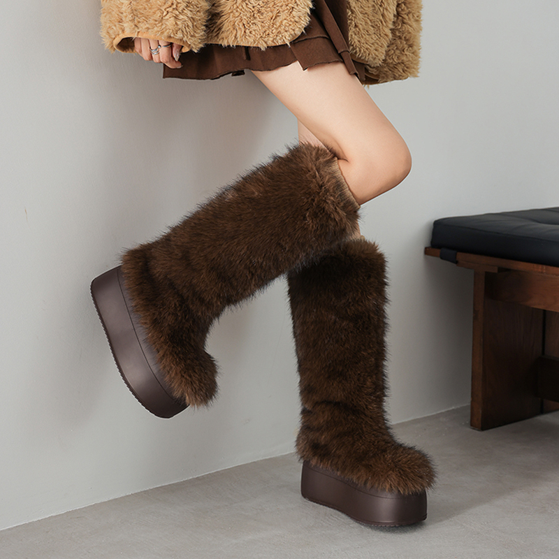2025 Winter Women's Fox Fur Cotton Boots 8 CM Platform Short Plush Warm Non-Slip Height Increasing Fashion Round Toe Slip-On Boots 51121