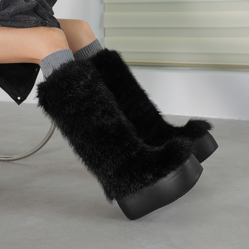 2025 Winter Women's Fox Fur Cotton Boots 8 CM Platform Short Plush Warm Non-Slip Height Increasing Fashion Round Toe Slip-On Boots 51121