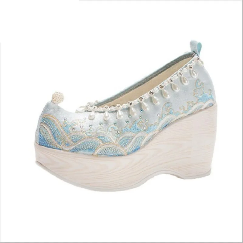 Spring Autumn National Style Wedges Point Toe Shallow Platform String Bead Embroider Canvas Women Casual Pumps Shoes 60116