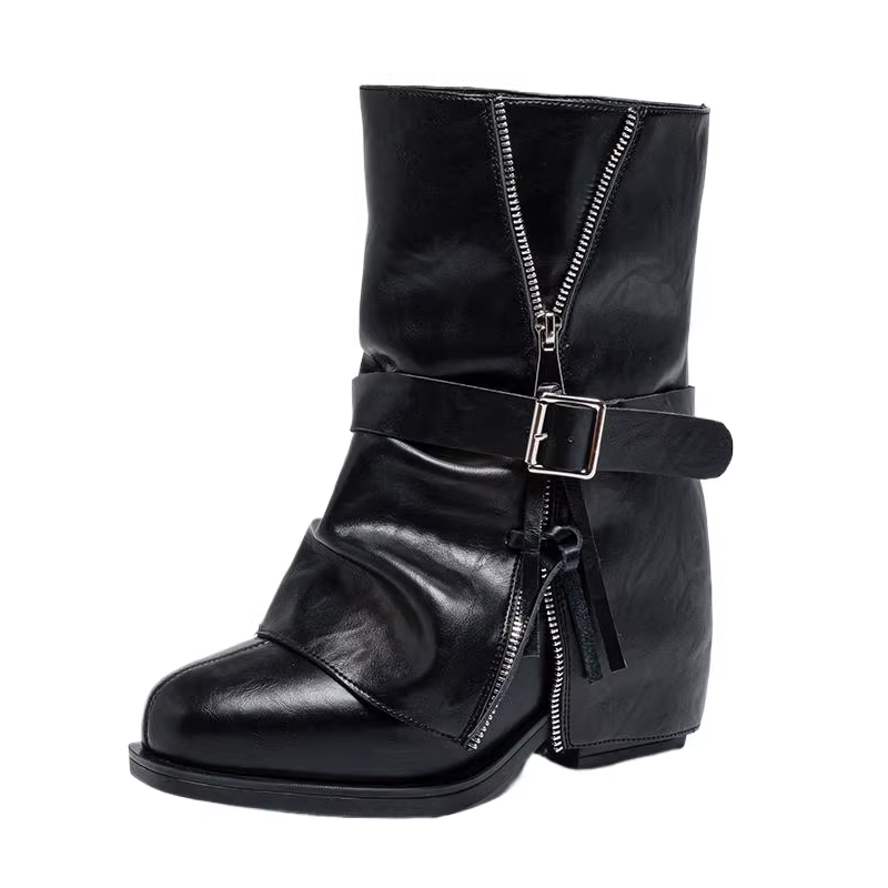 Women's Black Genuine Leather Slip-On Knight Boots Suede Leather Side Zipper Decoration Belt Buckle Trouser Boots 12 CM Square Heel Hidden Wedge Ankle Boots 60117