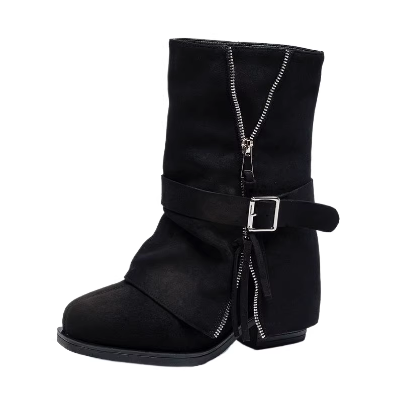 Women's Black Genuine Leather Slip-On Knight Boots Suede Leather Side Zipper Decoration Belt Buckle Trouser Boots 12 CM Square Heel Hidden Wedge Ankle Boots 60117