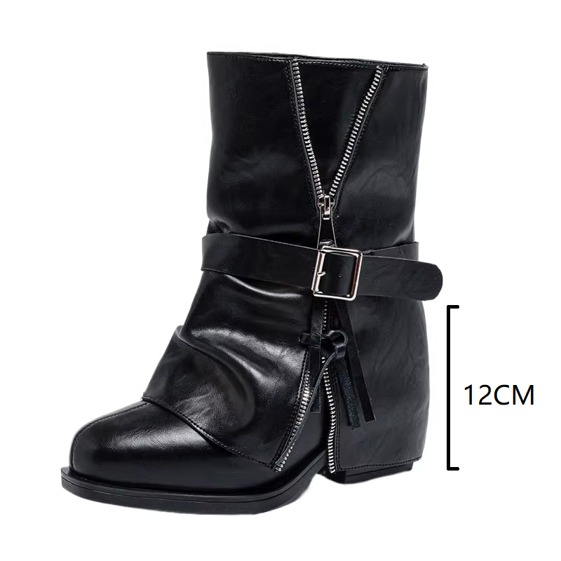 Women's Black Genuine Leather Slip-On Knight Boots Suede Leather Side Zipper Decoration Belt Buckle Trouser Boots 12 CM Square Heel Hidden Wedge Ankle Boots 60117