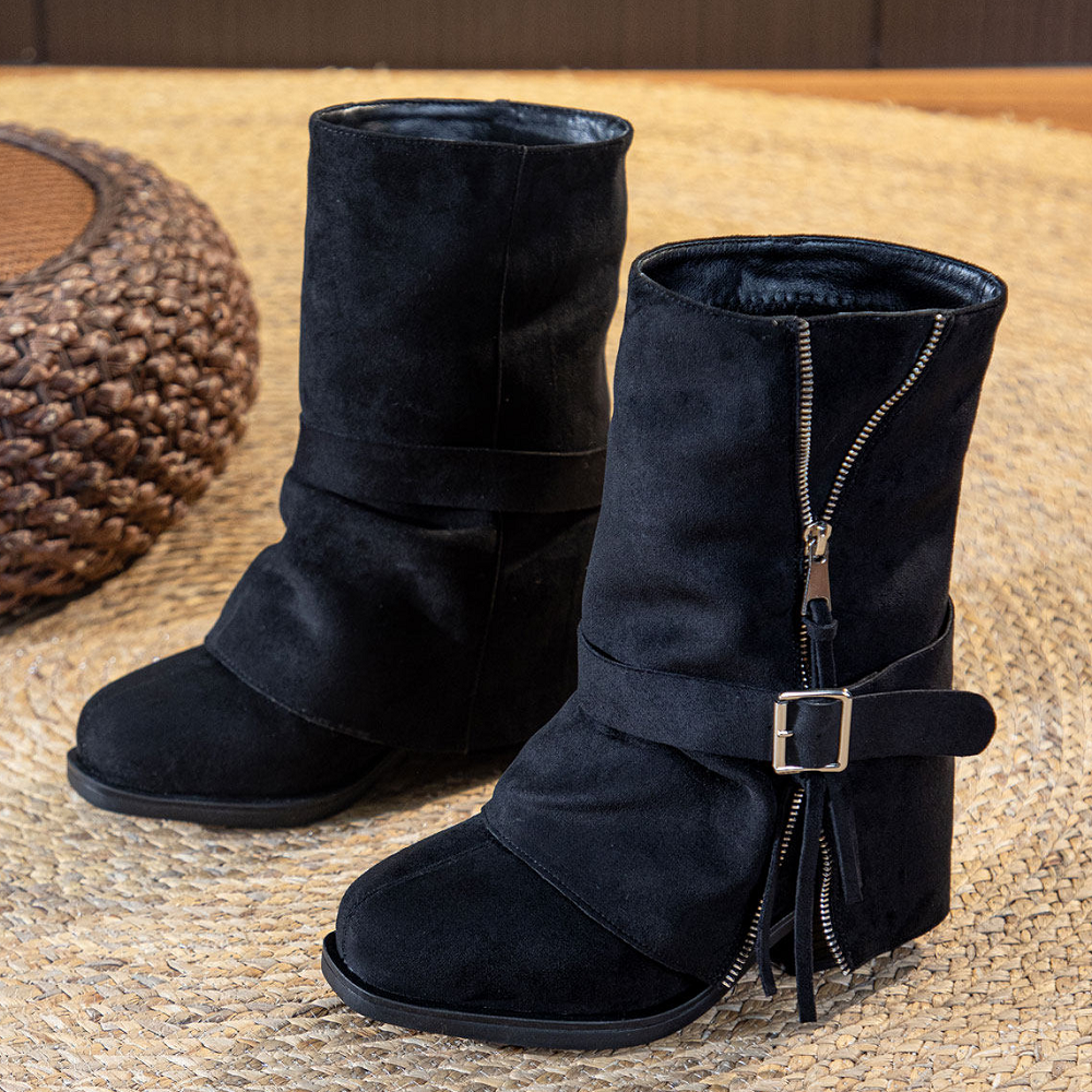 Women's Black Genuine Leather Slip-On Knight Boots Suede Leather Side Zipper Decoration Belt Buckle Trouser Boots 12 CM Square Heel Hidden Wedge Ankle Boots 60117