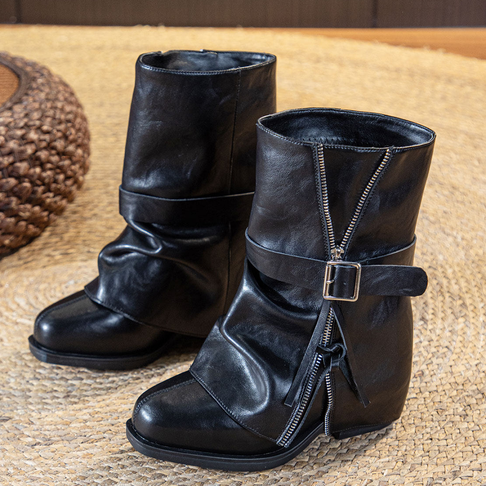 Women's Black Genuine Leather Slip-On Knight Boots Suede Leather Side Zipper Decoration Belt Buckle Trouser Boots 12 CM Square Heel Hidden Wedge Ankle Boots 60117
