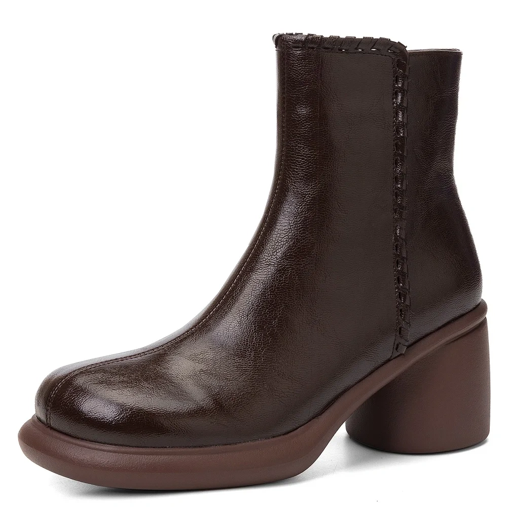 2025 Winter New Women's British Retro Round Toe Solid Genuine Leather 7 CM Block Heel Fleece Lining Side Zip Ankle Boots 51110