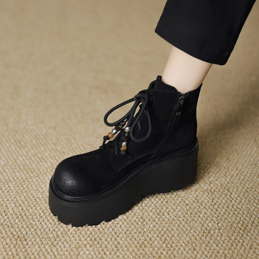 7.5 CM Thick Sole Suede Lace-Up Retro Distressed Beaded Round Toe British Style Casual Autumn Winter Platform Ankle Boots 51112