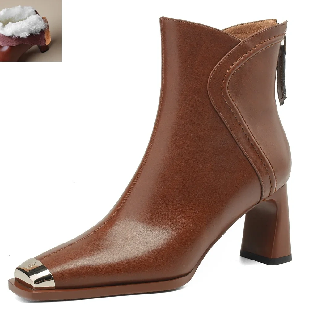 Autumn Winter New Solid Elegant Fashion 7 CM Block Heel Metal Toe Leather French Retro Plus Size 40 Women's Ankle Boots 51110