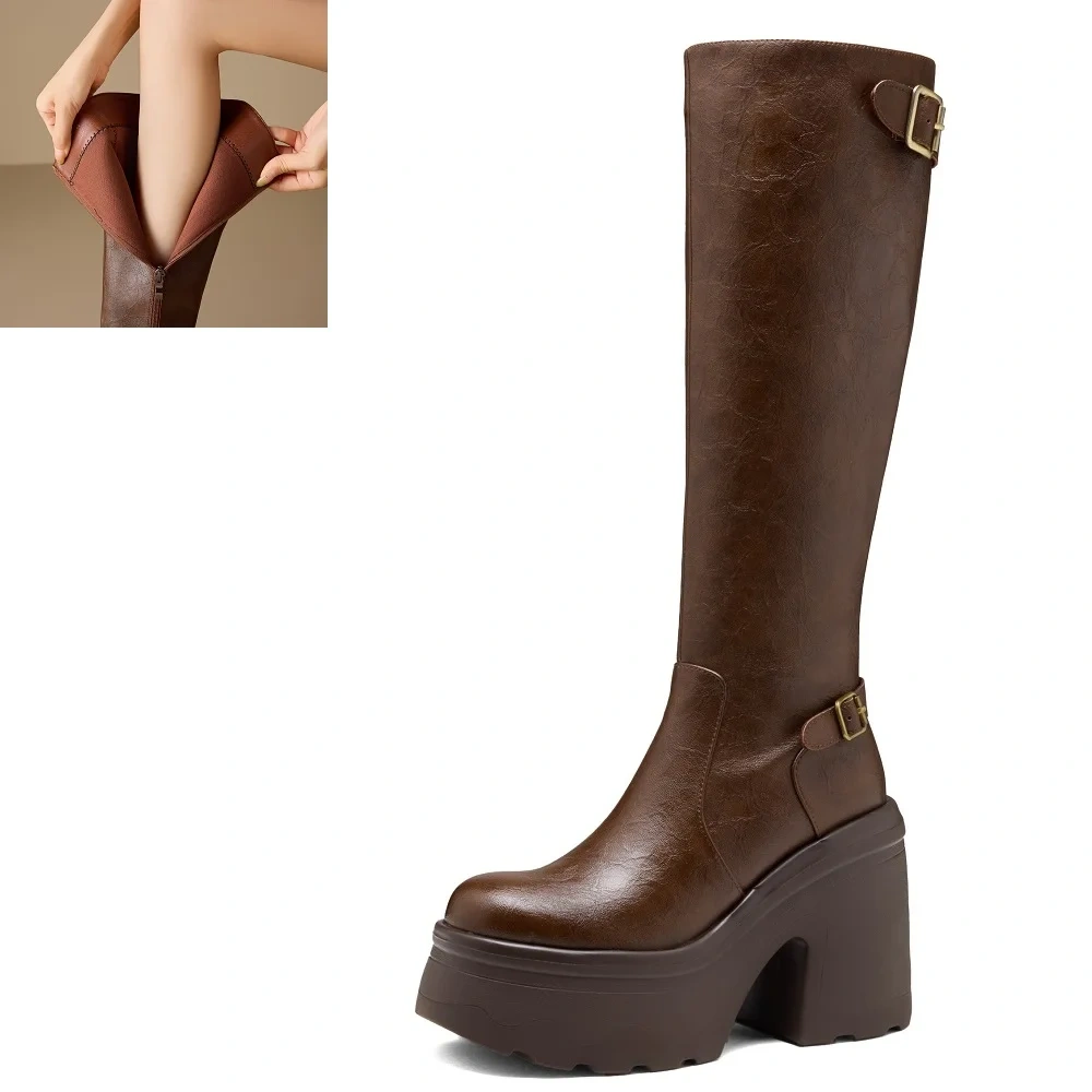 Retro British Style 12 CM Square Heel Boots Women Genuine Leather Buckle Platform Round Toe Slim Fit Mid-Calf Fashion Boots51113