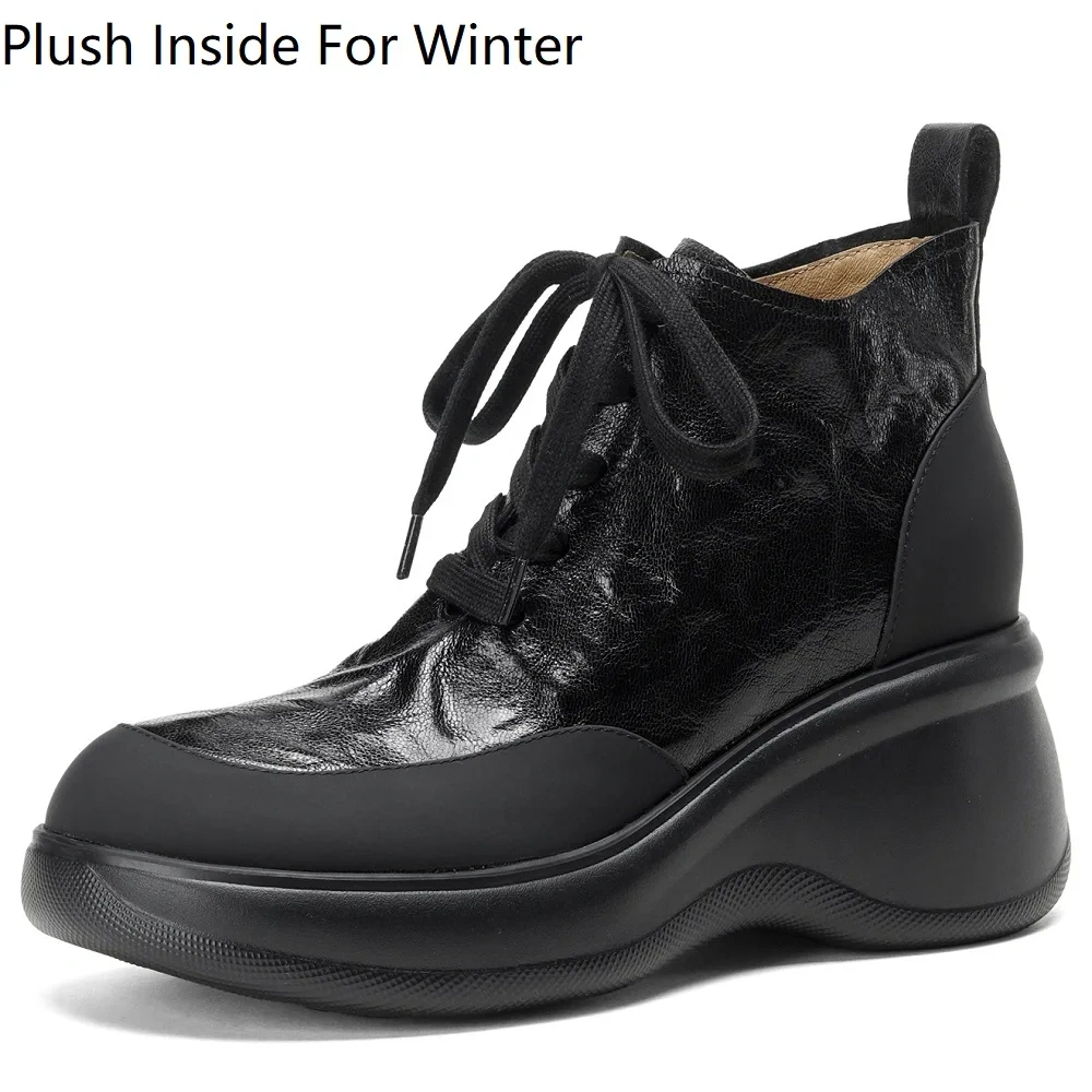 Women's Autumn Winter New Style Black British Style Simple Wedge Heel 7 CM Sheepskin Comfort Lace-up Platform Ankle Boots 51112