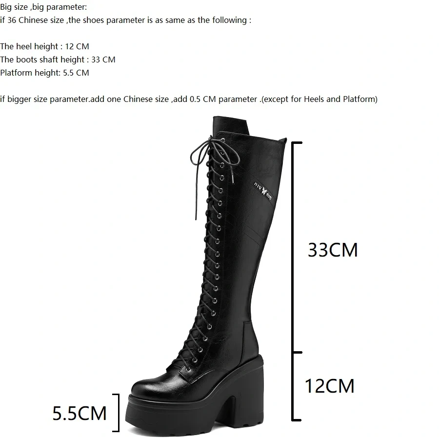 12CM Block Heel Gladiator Genuine Leather Stylish Round Toe Platform Slimming Side Zipper Autumn Winter Knee High Boots 51113