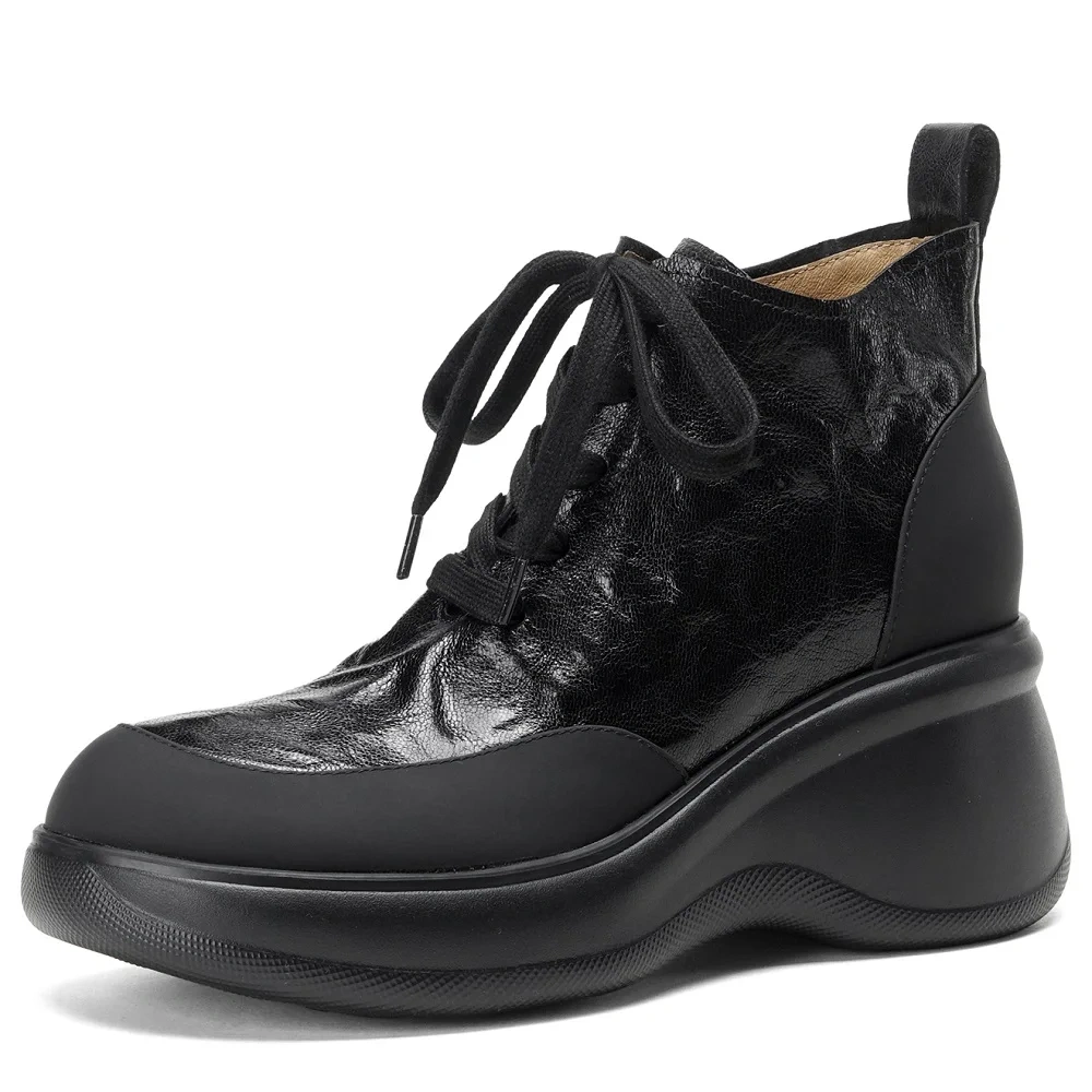 Women's Autumn Winter New Style Black British Style Simple Wedge Heel 7 CM Sheepskin Comfort Lace-up Platform Ankle Boots 51112