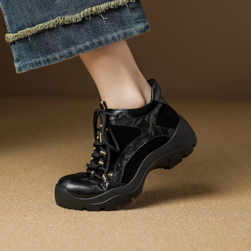Women's New Retro Shoes Autumn Winter Genuine Leather Suede Patchwork Lace-Up Casual 5 CM Thick Sole Soft Versatile Fashion51105
