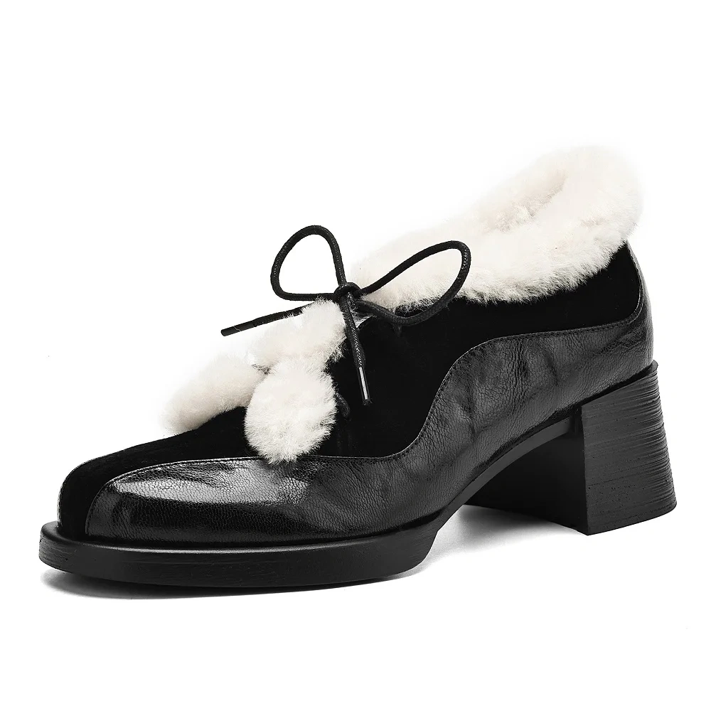 Women's Elegant 5.5 CM Block Heel Genuine Leather Suede Patchwork Lace-Up Round Toe French Retro Fashion Plush Lined Shoes 51105