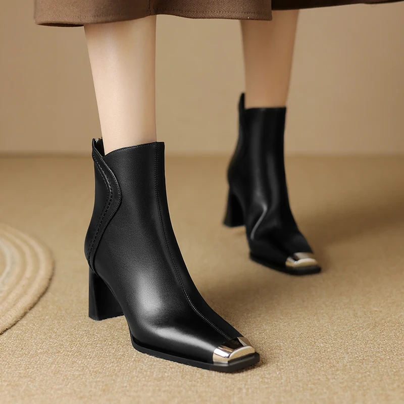 Autumn Winter New Solid Elegant Fashion 7 CM Block Heel Metal Toe Leather French Retro Plus Size 40 Women's Ankle Boots 51110