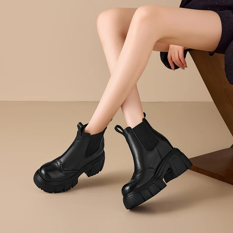 10 CM Block Heel Genuine Leather Round Toe Slip-On Platform Minimalist British Style Autumn Winter New Women's Ankle Boots 51113