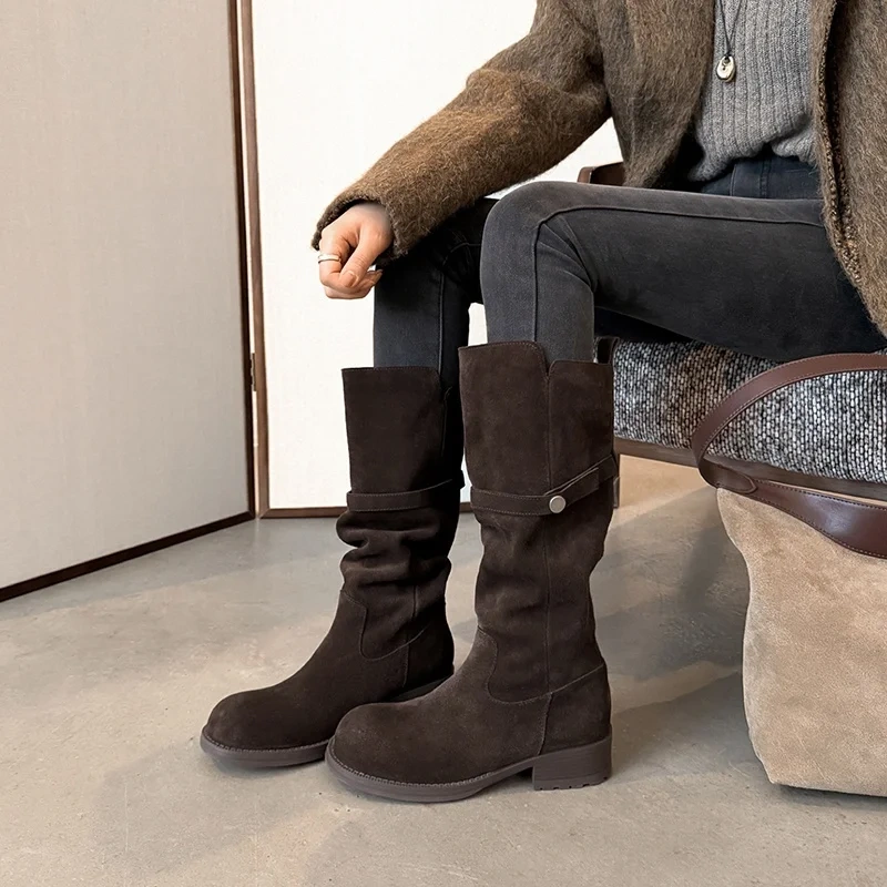 4CM Block Heel Fashion Round Toe Muted Earth Tone Autumn Winter Solid Color Genuine Suede Slip-On Women's Knee-High Boots 51110