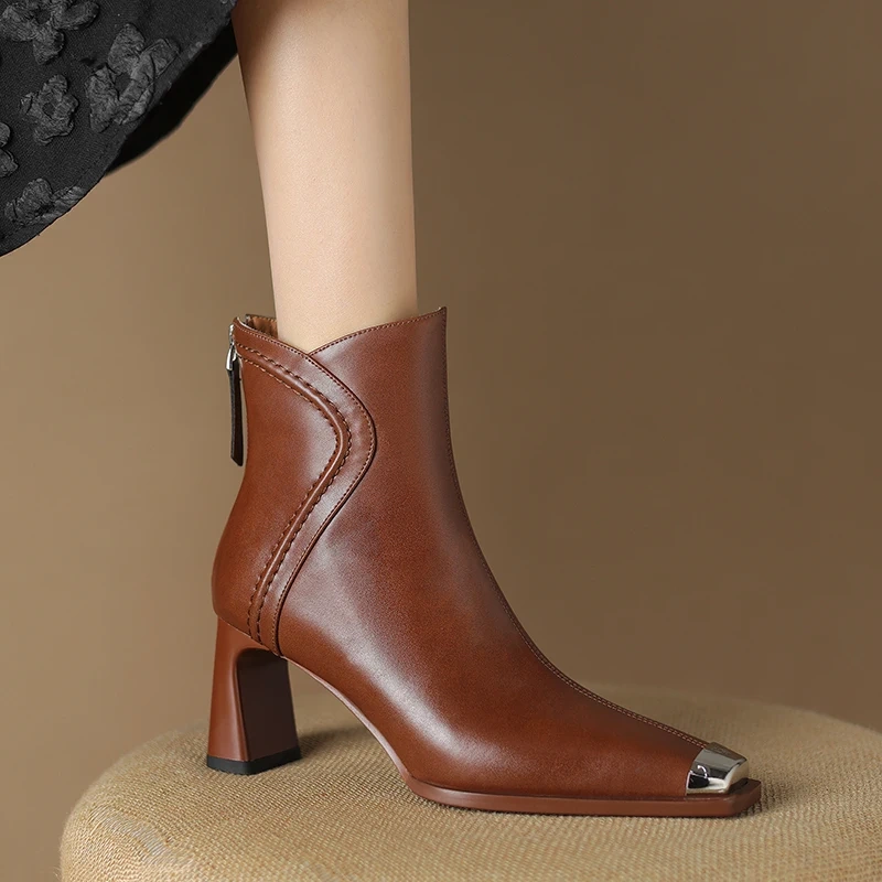 Autumn Winter New Solid Elegant Fashion 7 CM Block Heel Metal Toe Leather French Retro Plus Size 40 Women's Ankle Boots 51110