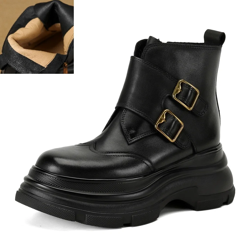 British Style Retro Solid Genuine Leather 7 CM Thick Sole Belt Buckle Autumn Winter Fleece Lined Side Zipper Ankle Boots 51106