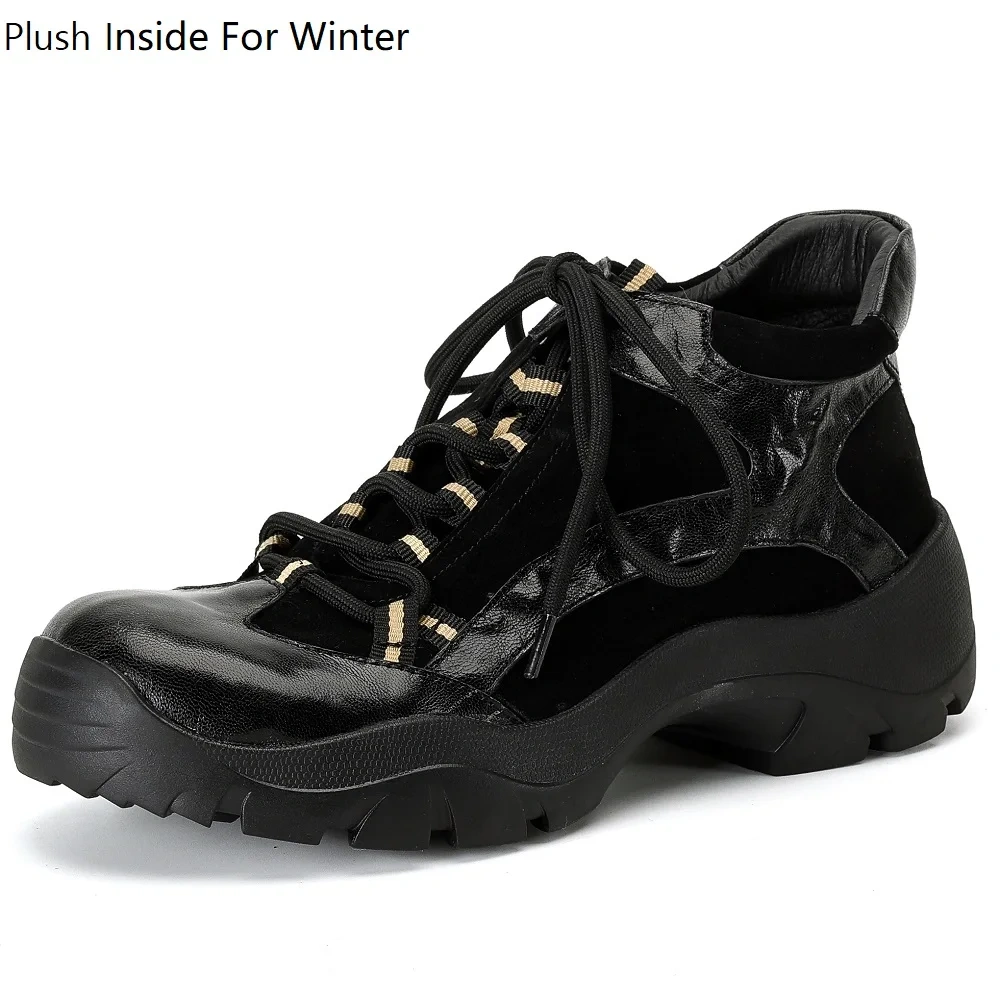 Women's New Retro Shoes Autumn Winter Genuine Leather Suede Patchwork Lace-Up Casual 5 CM Thick Sole Soft Versatile Fashion51105
