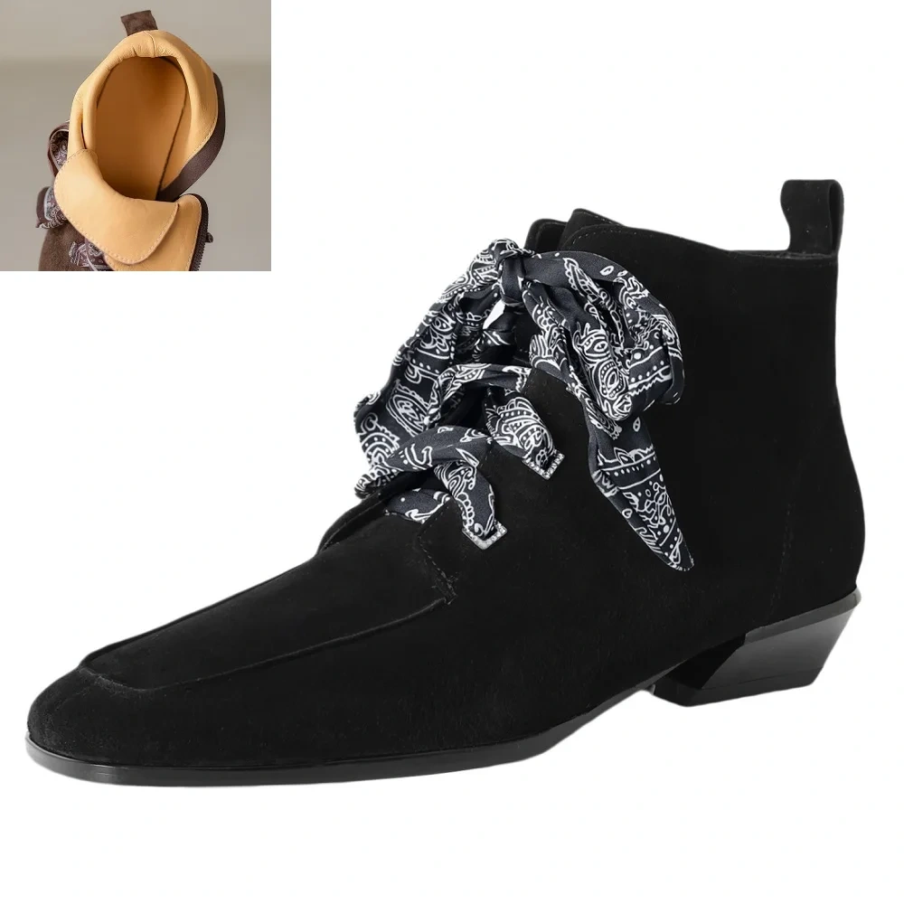 3CM Block Heel Spring Autumn Winter French Square Toe Office Sheep Suede Ribbon Elegant Zipper Retro Fashion Ankle Boots 51112