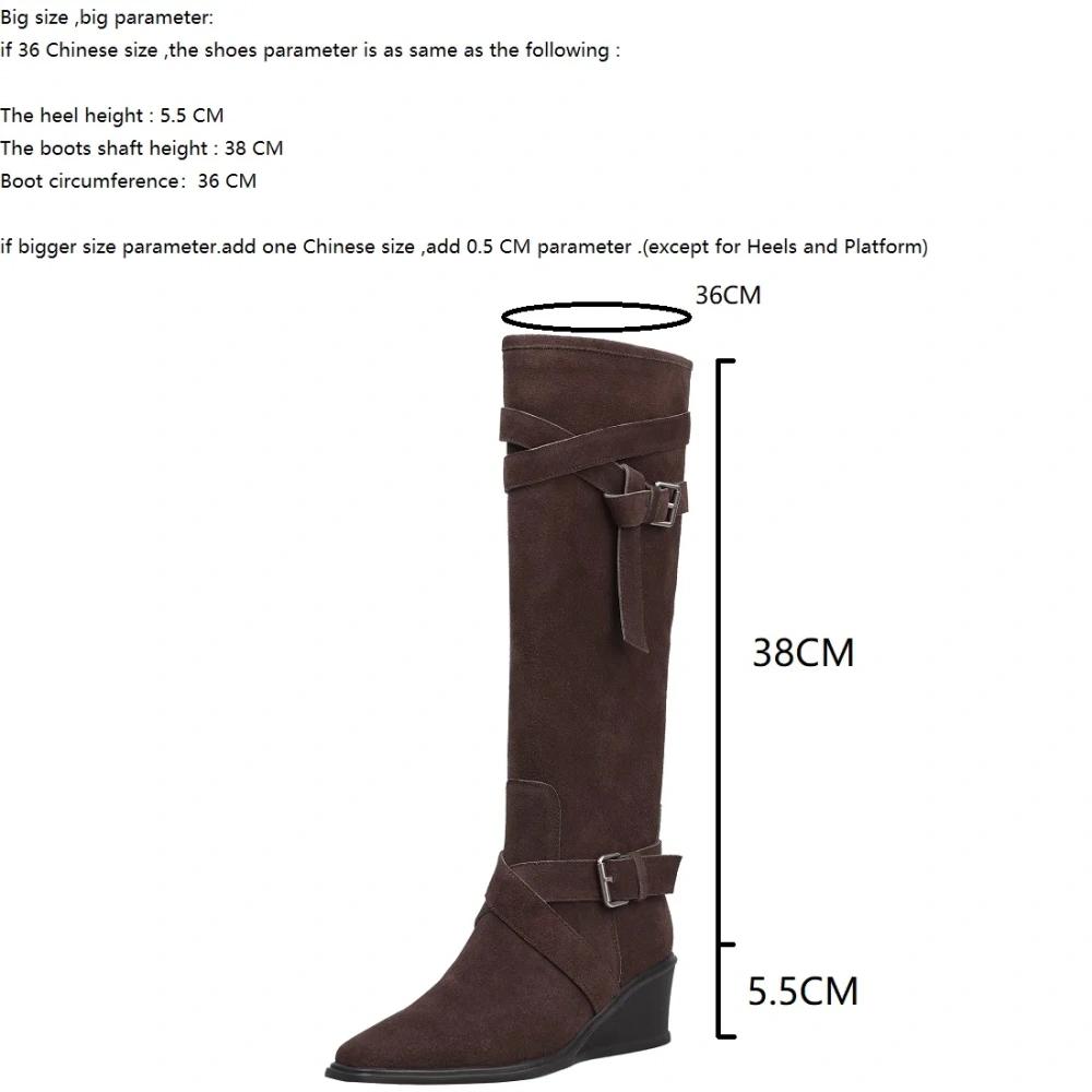 French Pointed Toe Suede Leather Buckle Autumn Winter New Style 5.5 CM Wedge Slim Mid-Calf Women's Slip On Boots 51114