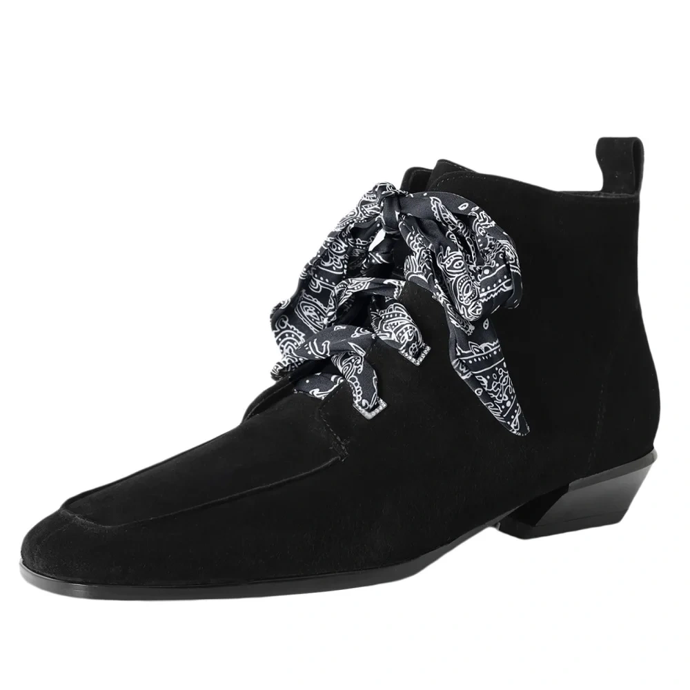 3CM Block Heel Spring Autumn Winter French Square Toe Office Sheep Suede Ribbon Elegant Zipper Retro Fashion Ankle Boots 51112