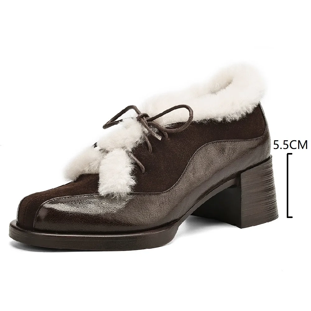Women's Elegant 5.5 CM Block Heel Genuine Leather Suede Patchwork Lace-Up Round Toe French Retro Fashion Plush Lined Shoes 51105
