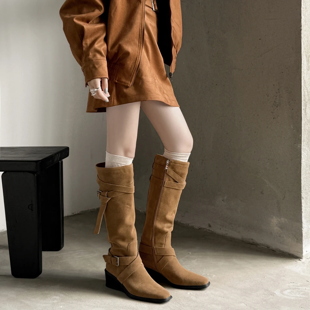 French Pointed Toe Suede Leather Buckle Autumn Winter New Style 5.5 CM Wedge Slim Mid-Calf Women's Slip On Boots 51114