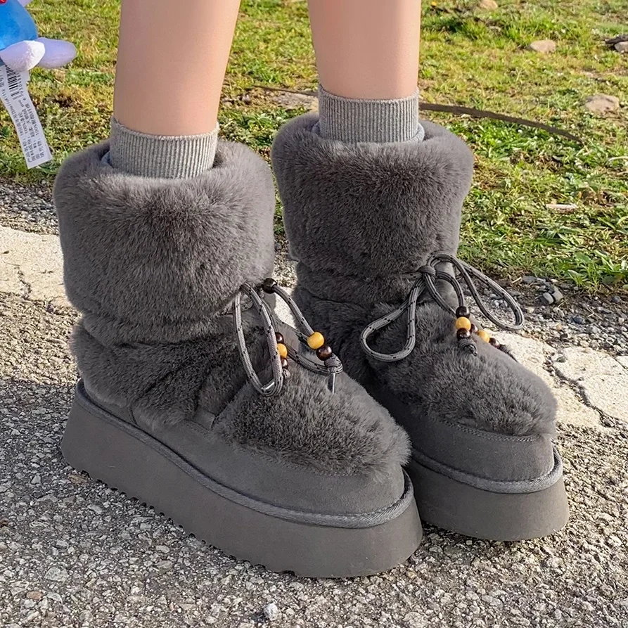 Women's Genuine Leather Fuzzy Lined Warm Beaded Casual White Furry 4 CM Thick Platform Slip On  Ankle Boots Plus Size 42 51107