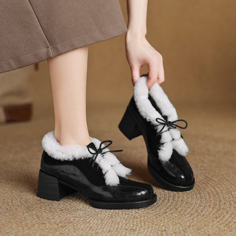 Women's Elegant 5.5 CM Block Heel Genuine Leather Suede Patchwork Lace-Up Round Toe French Retro Fashion Plush Lined Shoes 51105