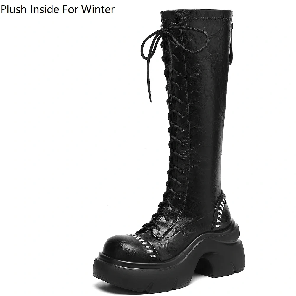 Lace Up Women's British Retro Motorcycle Boots 8 CM Square Heel Genuine Leather Rivet Platform 2025 Autumn Winter Back Zip 51031