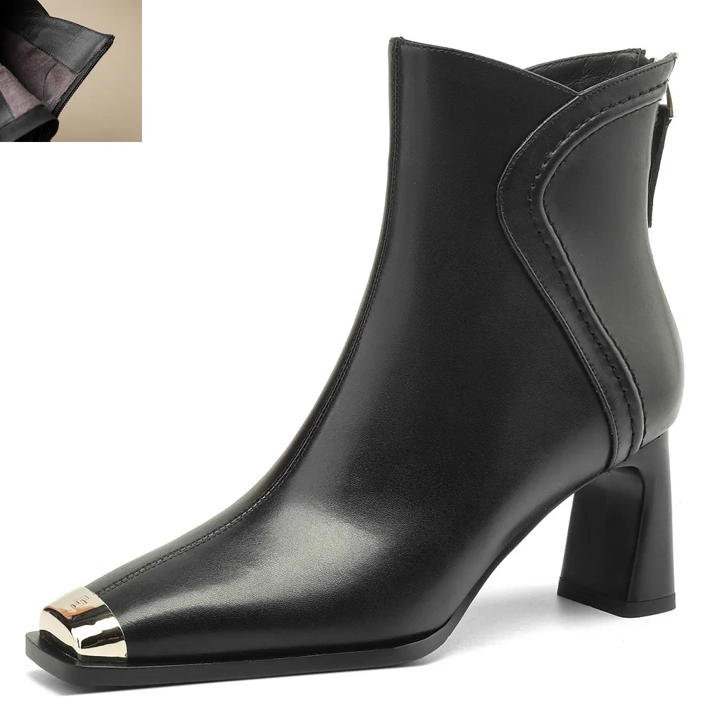 Autumn Winter New Solid Elegant Fashion 7 CM Block Heel Metal Toe Leather French Retro Plus Size 40 Women's Ankle Boots 51110