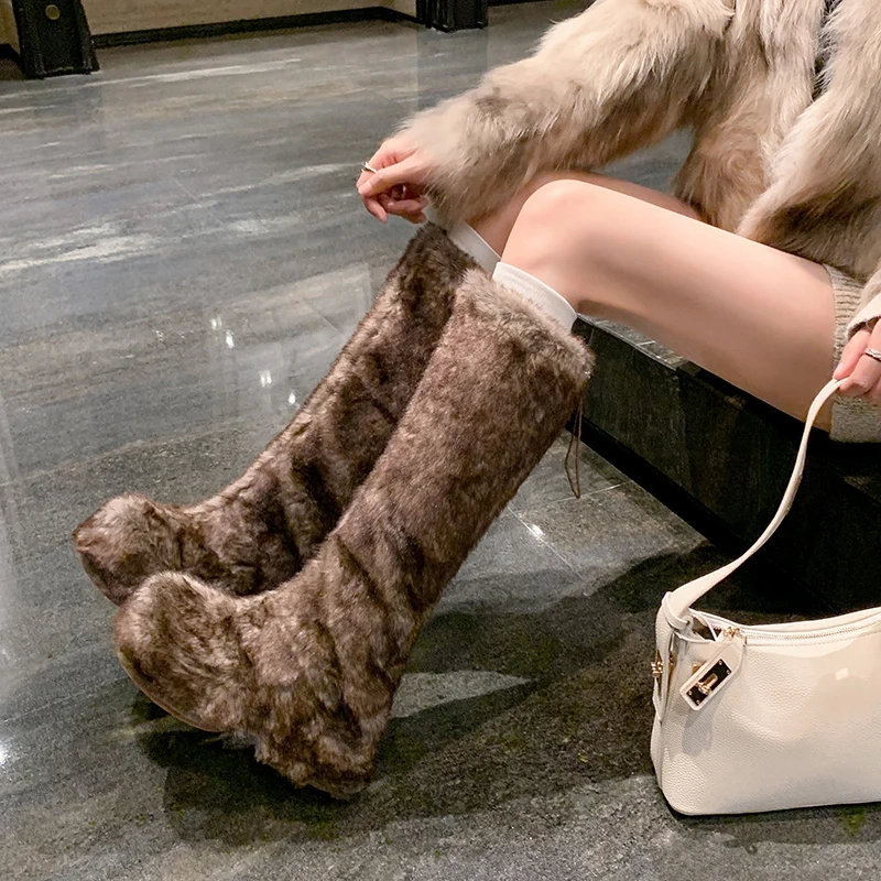 Women's Furry Boots Winter Autumn New 8.5 CM Platform Slip-On Knee High Boots Thickened Lining Korean Fashion Concise Y2K 51104