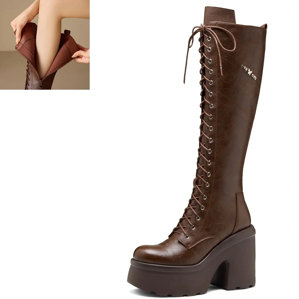 12CM Block Heel Gladiator Genuine Leather Stylish Round Toe Platform Slimming Side Zipper Autumn Winter Knee High Boots 51113