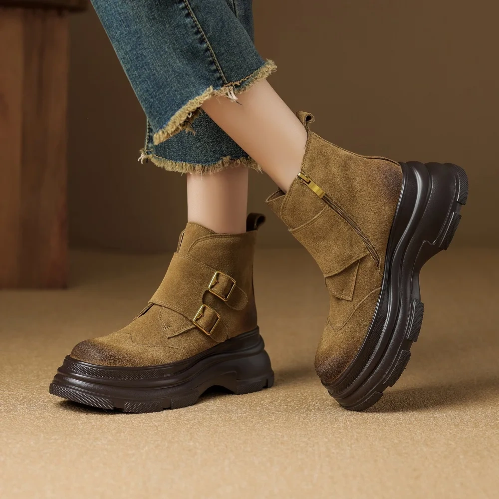 British Style Retro Solid Genuine Leather 7 CM Thick Sole Belt Buckle Autumn Winter Fleece Lined Side Zipper Ankle Boots 51106