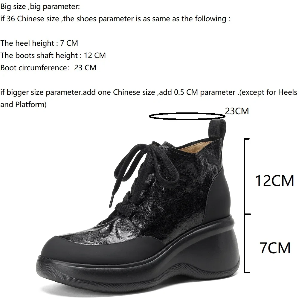 Women's Autumn Winter New Style Black British Style Simple Wedge Heel 7 CM Sheepskin Comfort Lace-up Platform Ankle Boots 51112