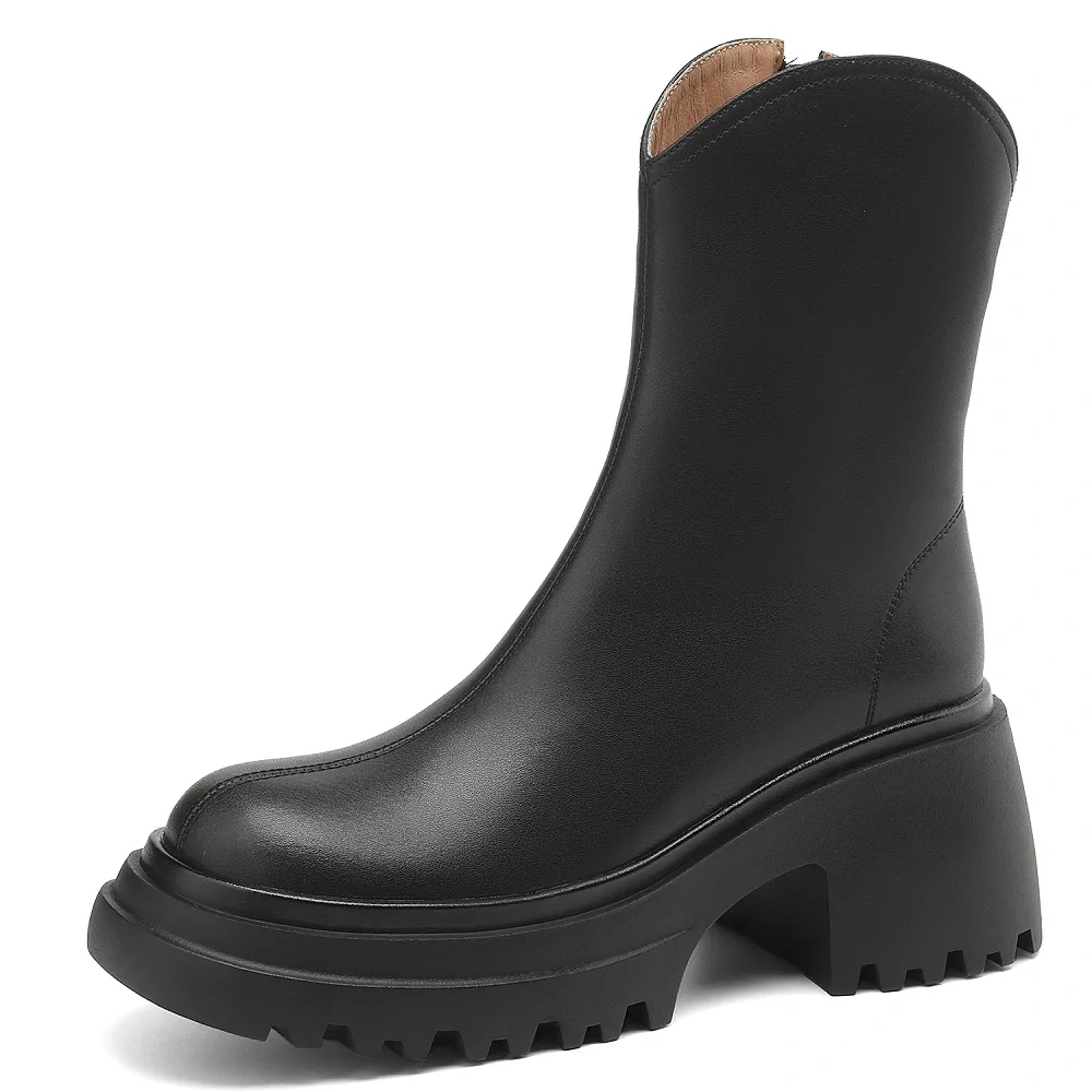 7CM Square Heel Solid Color Genuine Leather Side Zip Minimalist Winter New Style Cashmere Lined Women's Ankle Boots51105