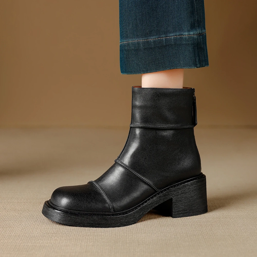 Vintage Brown 5.5CM Block Heel Ankle Women's Autumn Winter Fleece Lined Genuine Leather French British Style Chic Boots 51115