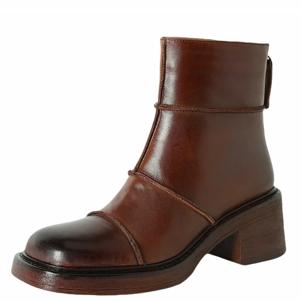 Vintage Brown 5.5CM Block Heel Ankle Women's Autumn Winter Fleece Lined Genuine Leather French British Style Chic Boots 51115