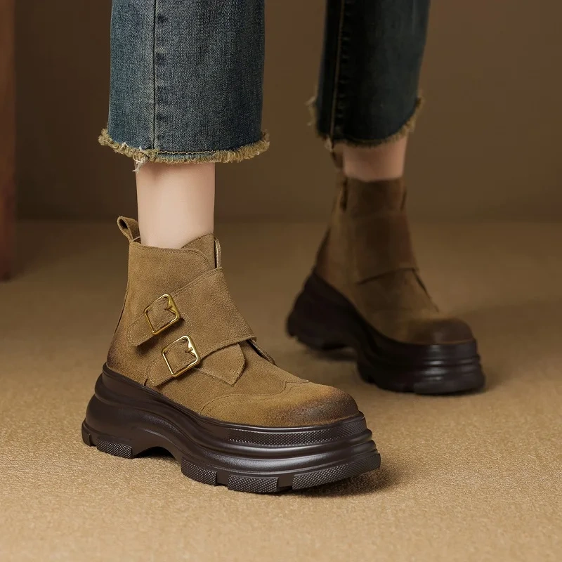 British Style Retro Solid Genuine Leather 7 CM Thick Sole Belt Buckle Autumn Winter Fleece Lined Side Zipper Ankle Boots 51106