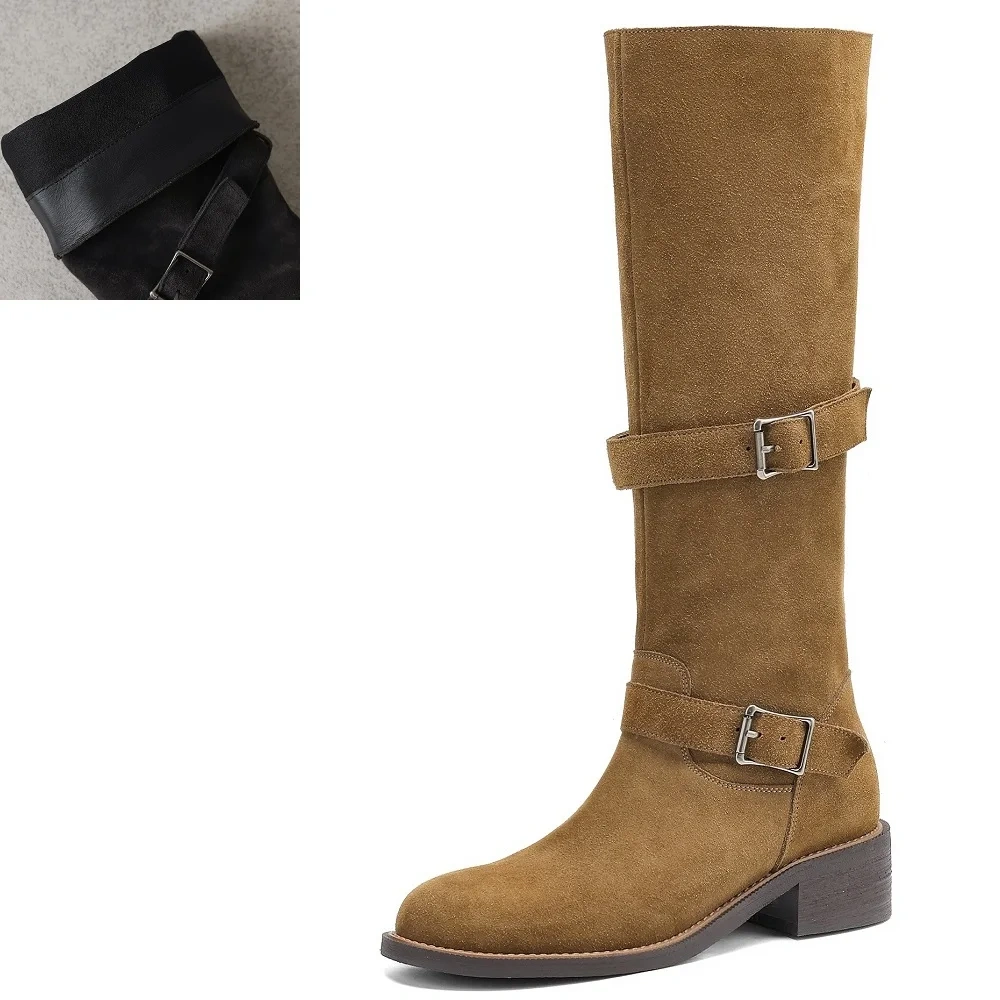 Slimming 4CM Block Heel Buckle Round Toe Genuine Leather Suede Versatile Vintage Mermaid Autumn Winter Knee-High Boots 51112